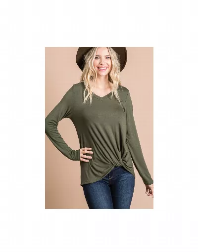 Long Sleeved V-Neck Knotted Top Olive